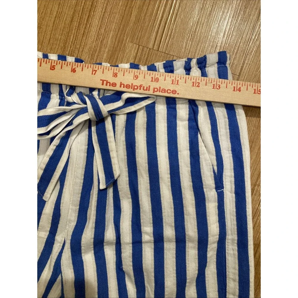 J Crew Womens XS Blue‎ White Striped Linen Blend Paperbag Tie Waist Shorts Beach